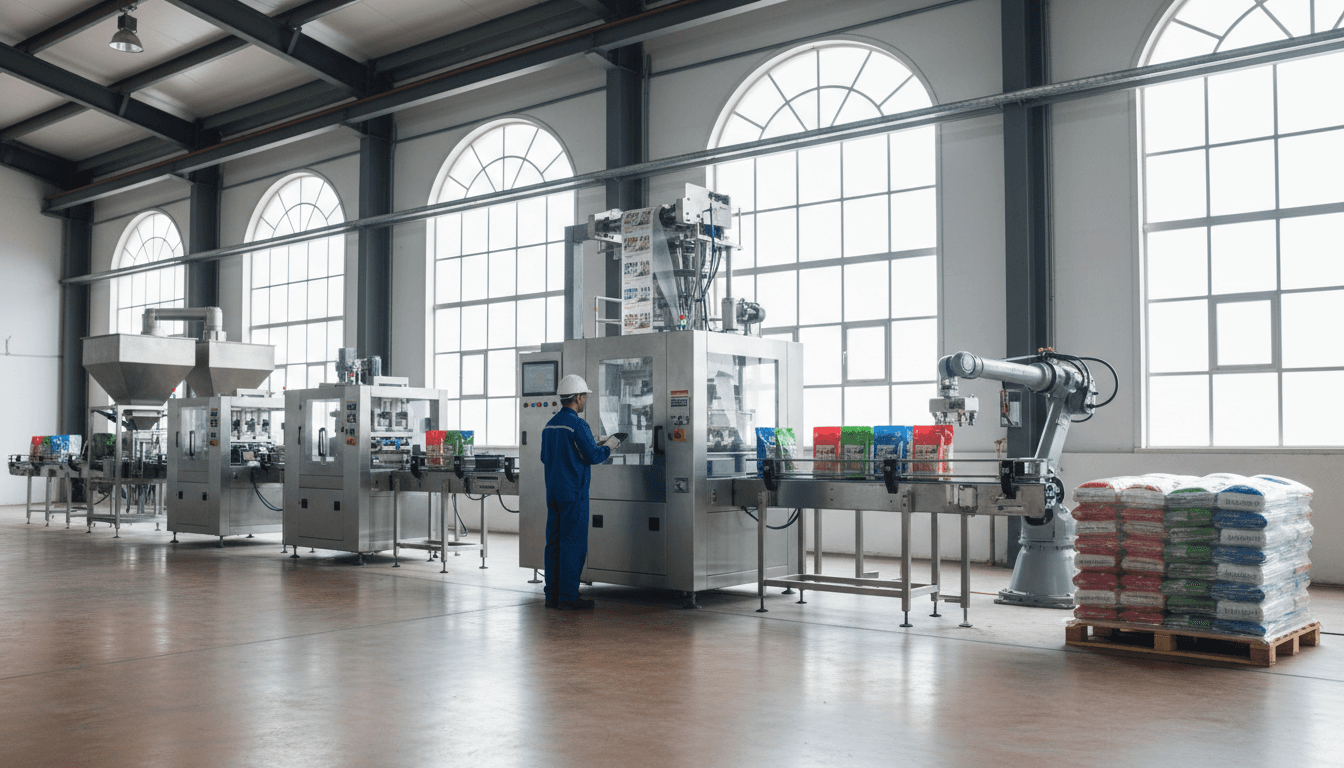 Industrial packing line machinery with conveyor system